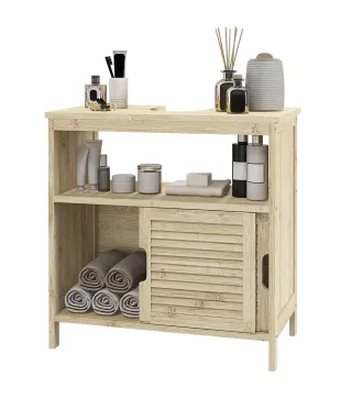 Armario Debajo de Lavabo con Puertas Correderas de Lamas Compartimento Abierto Estilo Moderno 60x30x60 cm Natural