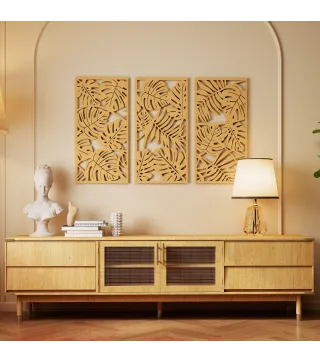 Decoración de Pared de Madera 3D 3 Piezas 40x80 cm Adornos de Pared con Patrón de Hojas Tropicales Madera Natural