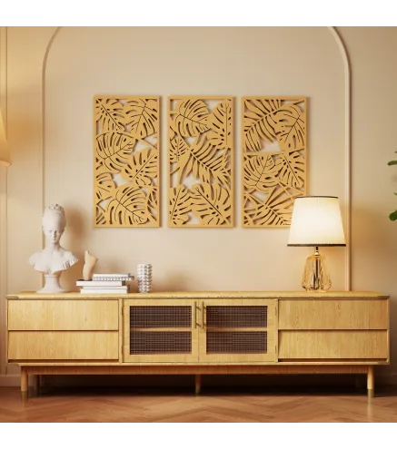 Decoración de Pared de Madera 3D 3 Piezas 40x80 cm Adornos de Pared con Patrón de Hojas Tropicales Madera Natural