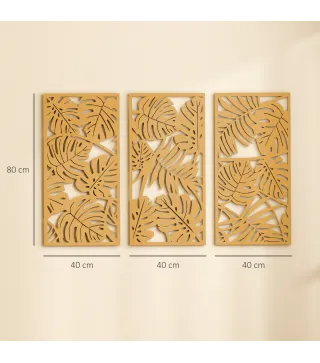 Decoración de Pared de Madera 3D 3 Piezas 40x80 cm Adornos de Pared con Patrón de Hojas Tropicales Madera Natural