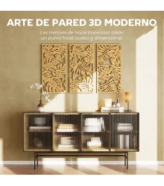 Decoración de Pared de Madera 3D 3 Piezas 40x80 cm Adornos de Pared con Patrón de Hojas Tropicales Madera Natural