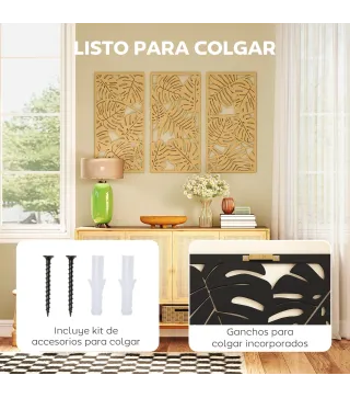 Decoración de Pared de Madera 3D 3 Piezas 40x80 cm Adornos de Pared con Patrón de Hojas Tropicales Madera Natural