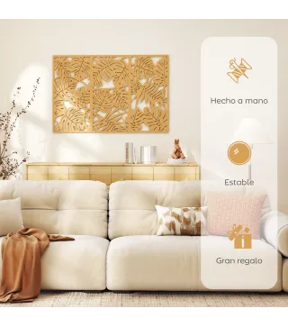 Decoración de Pared de Madera 3D 3 Piezas 40x80 cm Adornos de Pared con Patrón de Hojas Tropicales Madera Natural