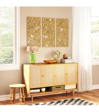 Decoración de Pared de Madera 3D 3 Piezas 40x80 cm Adornos de Pared con Patrón de Hojas Tropicales Madera Natural