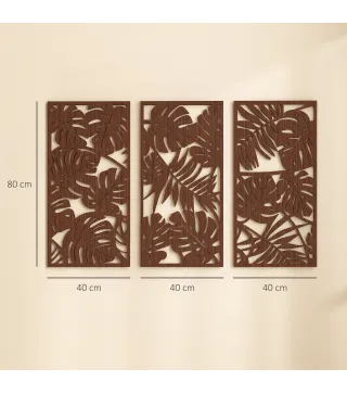 Decoración de Pared de Madera 3D 3 Piezas 40x80 cm Adornos de Pared con Patrón de Hojas Tropicales Nogal