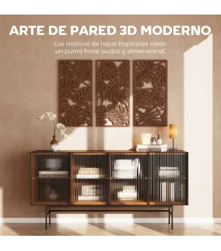 Decoración de Pared de Madera 3D 3 Piezas 40x80 cm Adornos de Pared con Patrón de Hojas Tropicales Nogal