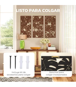 Decoración de Pared de Madera 3D 3 Piezas 40x80 cm Adornos de Pared con Patrón de Hojas Tropicales Nogal