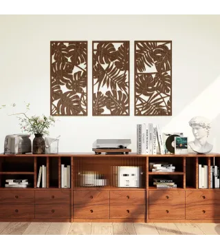 Decoración de Pared de Madera 3D 3 Piezas 40x80 cm Adornos de Pared con Patrón de Hojas Tropicales Nogal