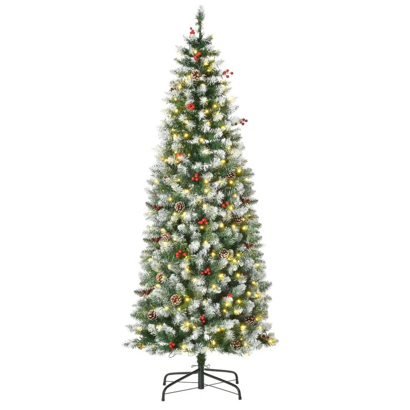 Árbol de Navidad Nevado Artificial 180 cm Árbol de Navidad con 300 Luces LED Blanco Cálido 618 Ramas Ignífugas de Plástico Decor