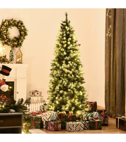 Árbol de Navidad Nevado Artificial 180 cm Árbol de Navidad con 300 Luces LED Blanco Cálido 618 Ramas Ignífugas de Plástico Decor