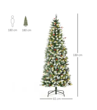 Árbol de Navidad Nevado Artificial 180 cm Árbol de Navidad con 300 Luces LED Blanco Cálido 618 Ramas Ignífugas de Plásti