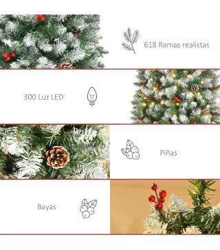 Árbol de Navidad Nevado Artificial 180 cm Árbol de Navidad con 300 Luces LED Blanco Cálido 618 Ramas Ignífugas de Plásti