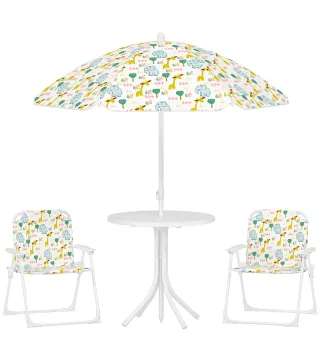 Conjunto de Mesa y Sillas Infantil de Jardín 4 Piezas Sillas Plegables Sombrilla Ajustable Diseño de Elefantes Blanco