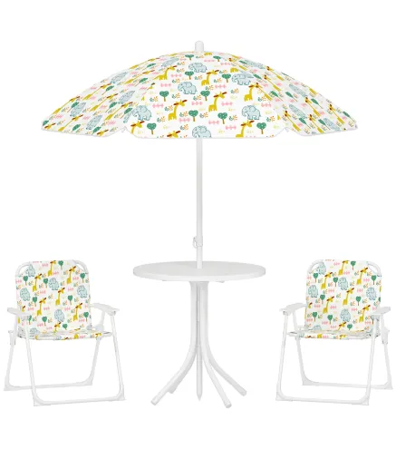 Conjunto de Mesa y Sillas Infantil de Jardín 4 Piezas Sillas Plegables Sombrilla Ajustable Diseño de Elefantes Blanco