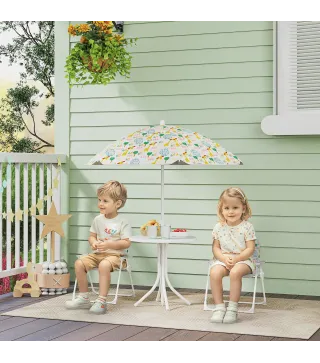 Conjunto de Mesa y Sillas Infantil de Jardín 4 Piezas Sillas Plegables Sombrilla Ajustable Diseño de Elefantes Blanco
