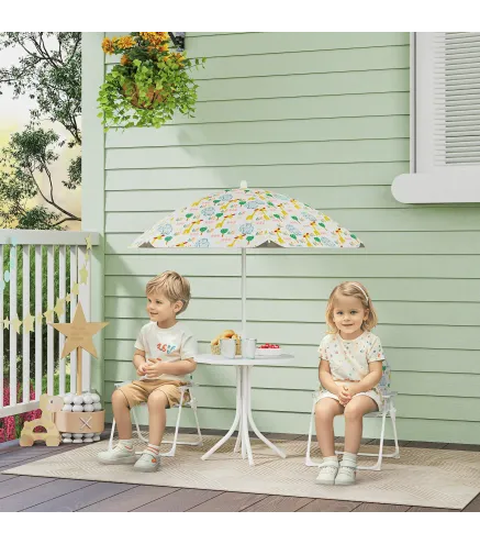 Conjunto de Mesa y Sillas Infantil de Jardín 4 Piezas Sillas Plegables Sombrilla Ajustable Diseño de Elefantes Blanco
