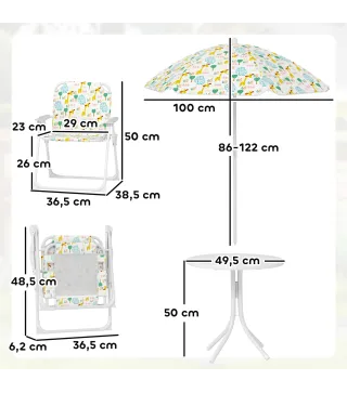 Conjunto de Mesa y Sillas Infantil de Jardín 4 Piezas Sillas Plegables Sombrilla Ajustable Diseño de Elefantes Blanco