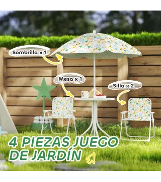 Conjunto de Mesa y Sillas Infantil de Jardín 4 Piezas Sillas Plegables Sombrilla Ajustable Diseño de Elefantes Blanco