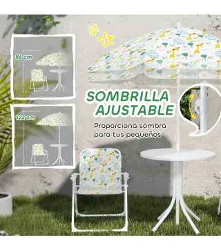 Conjunto de Mesa y Sillas Infantil de Jardín 4 Piezas Sillas Plegables Sombrilla Ajustable Diseño de Elefantes Blanco