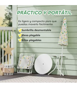 Conjunto de Mesa y Sillas Infantil de Jardín 4 Piezas Sillas Plegables Sombrilla Ajustable Diseño de Elefantes Blanco