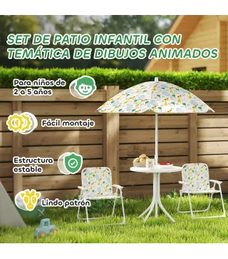 Conjunto de Mesa y Sillas Infantil de Jardín 4 Piezas Sillas Plegables Sombrilla Ajustable Diseño de Elefantes Blanco