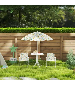 Conjunto de Mesa y Sillas Infantil de Jardín 4 Piezas Sillas Plegables Sombrilla Ajustable Diseño de Elefantes Blanco