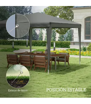 Carpa Desmontable de Jardín 3x3 m Gazebo Cenador para Exteriores con 4 Orificios de Drenaje y Tubo de Acero Gris