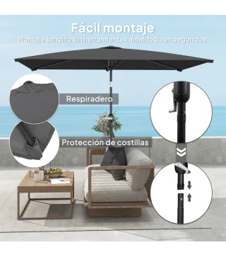 Sombrilla de Aluminio 198x294x255 Parasol Rectangular de Jardín Inclinable con Manivela y Poste Desmontable Gris