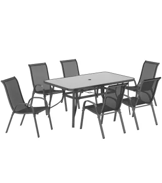 Juego de Mesa y 6 Sillas para Terraza con Orificio para Sombrilla y Encimera de Cristal para Terraza Patio Gris