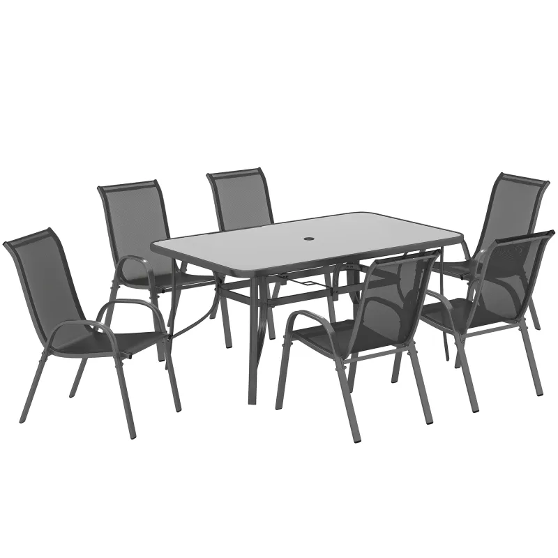 Juego de Mesa y 6 Sillas para Terraza con Orificio para Sombrilla y Encimera de Cristal para Terraza Patio Gris