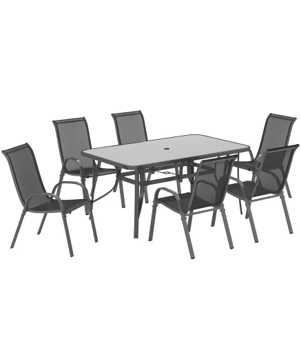 Juego de Mesa y 6 Sillas para Terraza con Orificio para Sombrilla y Encimera de Cristal para Terraza Patio Gris