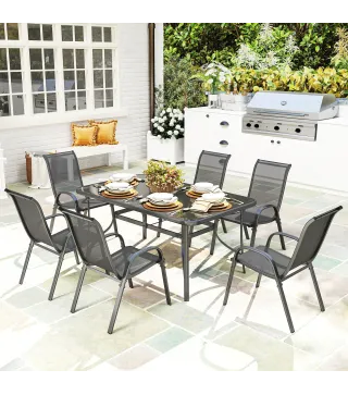 Juego de Mesa y 6 Sillas para Terraza con Orificio para Sombrilla y Encimera de Cristal para Terraza Patio Gris