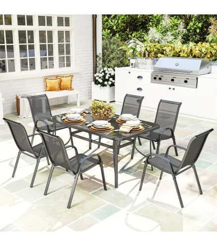 Juego de Mesa y 6 Sillas para Terraza con Orificio para Sombrilla y Encimera de Cristal para Terraza Patio Gris