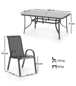 Juego de Mesa y 6 Sillas para Terraza con Orificio para Sombrilla y Encimera de Cristal para Terraza Patio Gris