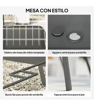 Juego de Mesa y 6 Sillas para Terraza con Orificio para Sombrilla y Encimera de Cristal para Terraza Patio Gris