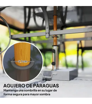 Juego de Mesa y 6 Sillas para Terraza con Orificio para Sombrilla y Encimera de Cristal para Terraza Patio Gris