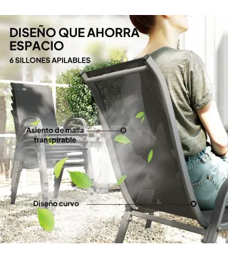 Juego de Mesa y 6 Sillas para Terraza con Orificio para Sombrilla y Encimera de Cristal para Terraza Patio Gris