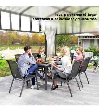 Juego de Mesa y 6 Sillas para Terraza con Orificio para Sombrilla y Encimera de Cristal para Terraza Patio Gris