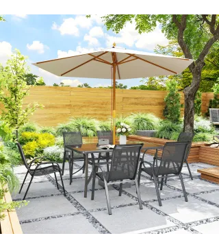 Juego de Mesa y 6 Sillas para Terraza con Orificio para Sombrilla y Encimera de Cristal para Terraza Patio Gris