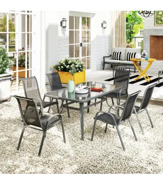 Juego de Mesa y 6 Sillas para Terraza con Orificio para Sombrilla y Encimera de Cristal para Terraza Patio Gris