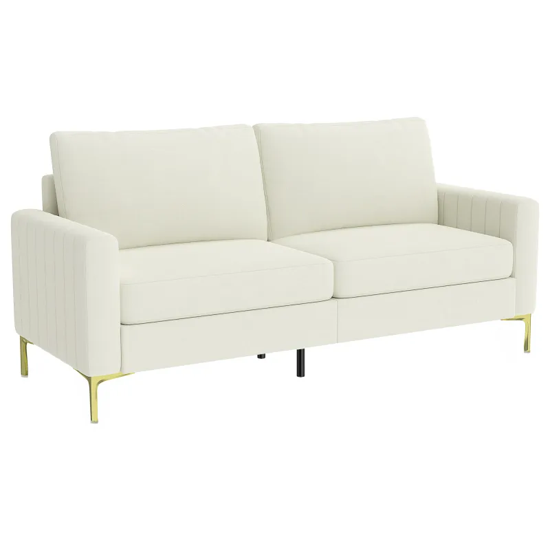 Sofá de 3 Plazas de 181 cm Tapizado en Terciopelo con Cojines Gruesos Patas de Metal Blanco Crema