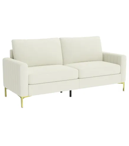 Sofá de 3 Plazas de 181 cm Tapizado en Terciopelo con Cojines Gruesos Patas de Metal Blanco Crema