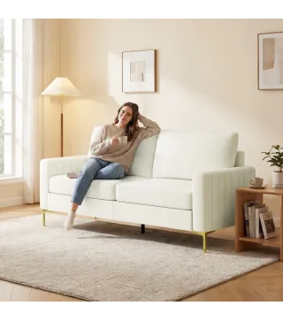 Sofá de 3 Plazas de 181 cm Tapizado en Terciopelo con Cojines Gruesos Patas de Metal Blanco Crema