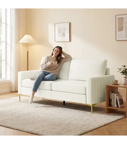 Sofá de 3 Plazas de 181 cm Tapizado en Terciopelo con Cojines Gruesos Patas de Metal Blanco Crema