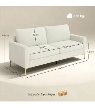 Sofá de 3 Plazas de 181 cm Tapizado en Terciopelo con Cojines Gruesos Patas de Metal Blanco Crema