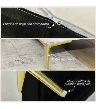 Sofá de 3 Plazas de 181 cm Tapizado en Terciopelo con Cojines Gruesos Patas de Metal Blanco Crema