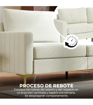 Sofá de 3 Plazas de 181 cm Tapizado en Terciopelo con Cojines Gruesos Patas de Metal Blanco Crema