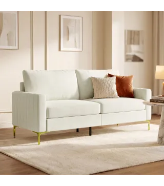 Sofá de 3 Plazas de 181 cm Tapizado en Terciopelo con Cojines Gruesos Patas de Metal Blanco Crema