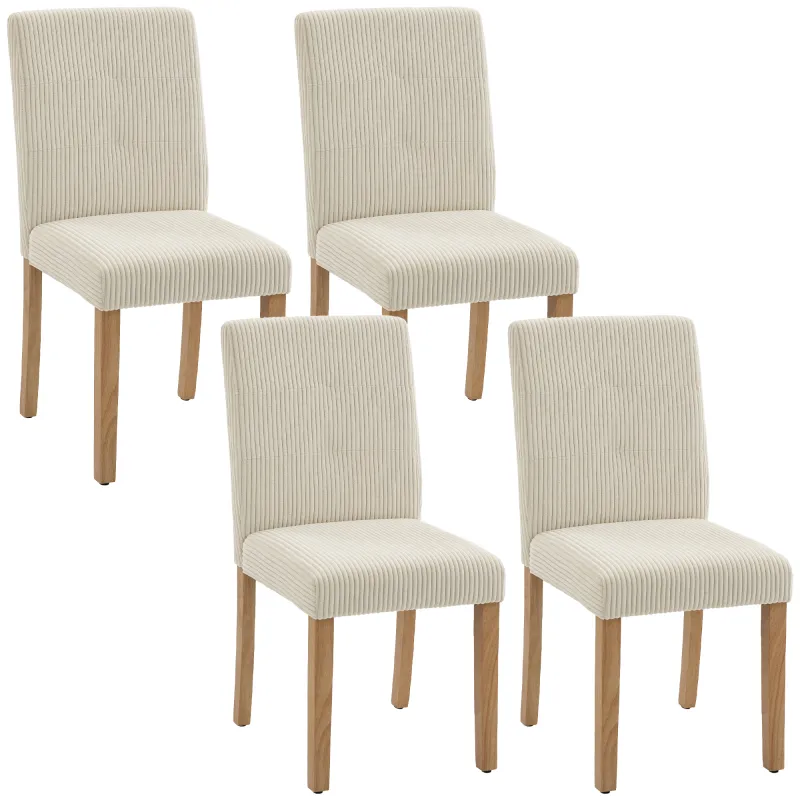 Pack de 4 Sillas de Comedor Respaldo Alto Tapizadas en Pana Asiento Acolchado Patas de Madera 44x56x90 cm Beige