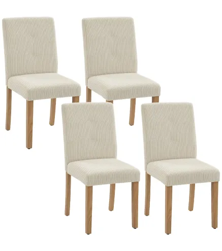 Pack de 4 Sillas de Comedor Respaldo Alto Tapizadas en Pana Asiento Acolchado Patas de Madera para Salón Beige